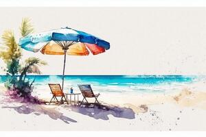 A watercolor painting summer scene of a beach with colorful umbrella and two chairs, photo