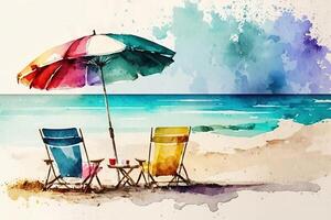 A watercolor painting summer scene of a beach with colorful umbrella and two chairs, photo