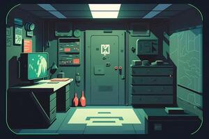 Underground bunker with secret laboratory background, Shelter science lab room interior with door, photo