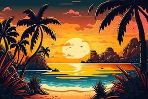 Tropical beach with ocean sunset and palm trees, cartoon summer view, illustration with summer background, photo