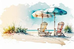 A watercolor painting summer scene of a beach with colorful umbrella and two chairs, photo