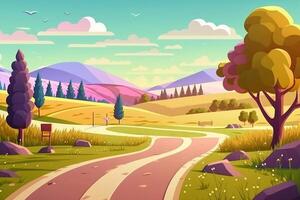 dibujos animados estilo ilustración verde paisaje la carretera líder a arboles y montañas, verano vacaciones fondo, generativo ai foto