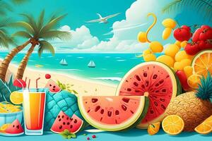 Realistic summer festive vacation beach background, tropical holiday elements enjoy outdoor day vacation, photo