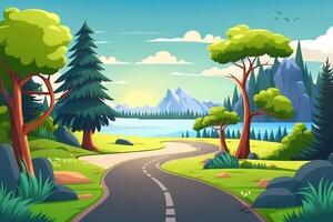 Cartoon style illustration Green landscape road leading to trees and mountains, summer vacation background, photo
