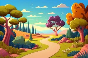 Cartoon style illustration Green landscape road leading to trees and mountains, summer vacation background, photo