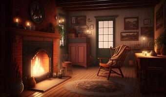 A cozy fireplace scene with a warm wallpaper, inviting glow that evokes feelings of comfort and relaxation, photo