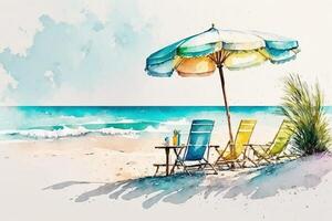 A watercolor painting summer scene of a beach with colorful umbrella and two chairs, photo