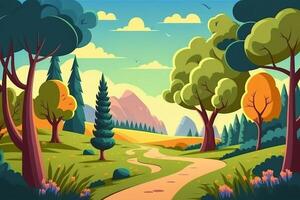 Cartoon style illustration Green landscape road leading to trees and mountains, summer vacation background, photo