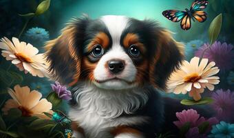 Garden background with blooming flowers, butterflies, and cute puppy, evoking a sense of peacefulness and relaxation, photo
