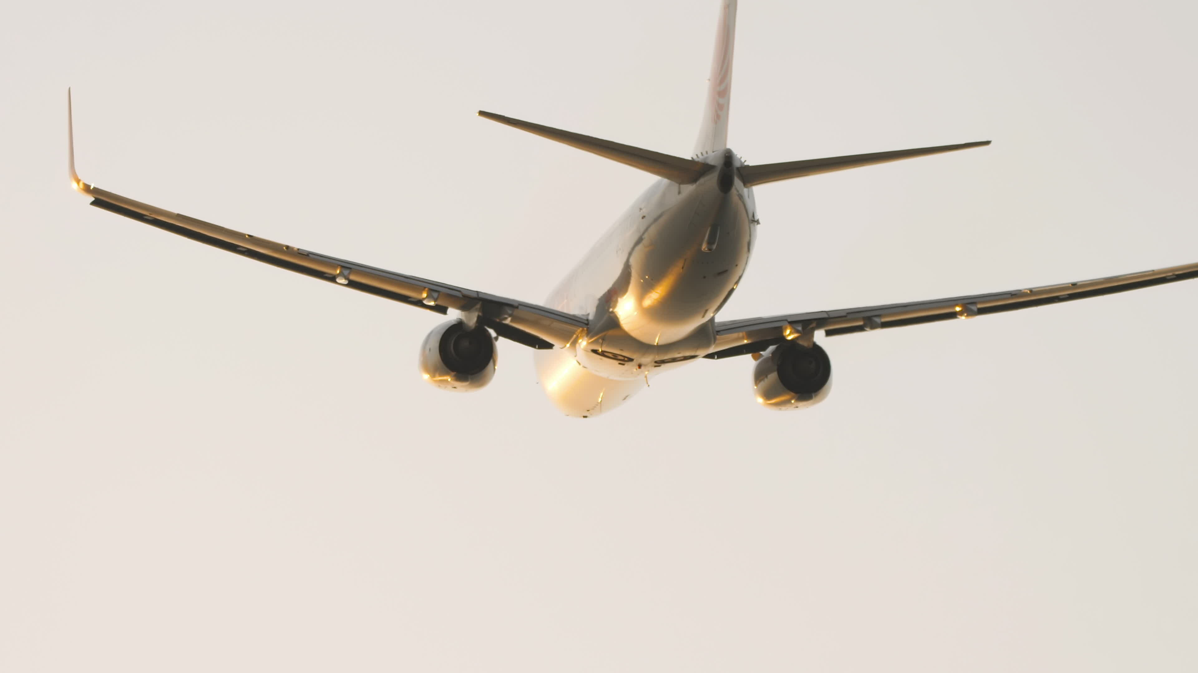 Unrecognizable jet aircraft flies, backlight sunset, leaving. Rear view