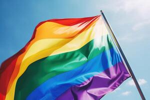 . Pride rainbow lgbt gay flag against a blue sky. photo