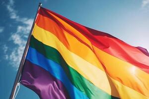 . Pride rainbow lgbt gay flag against a blue sky. photo