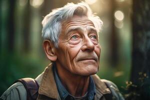 un mayor sonriente hombre, un abuelo con gris pelo en un ciudad calle. retrato. generativo ai foto