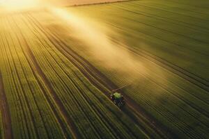 Agricultural field, the tractor cultivates crops, the view from above. photo