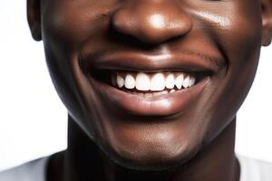 African Smile. White teeth of a black man in close-up. photo