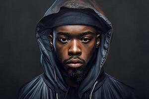 Black rapper musician. Portrait of a young black male Afro-American against a dark background. photo