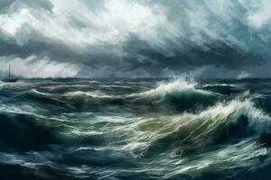 Storm, huge waves, seascape painted with watercolors on textured paper. Digital Watercolor Painting photo