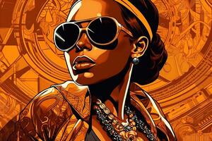 Black girl wearing sunglasses in orange tones, art. photo