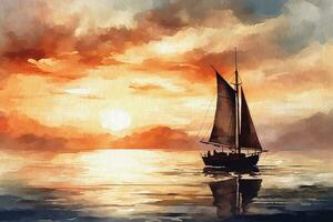 Sailboat sailing on the sea at sunset. Painted with watercolors, the texture of watercolor paper. photo