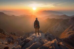 A male hiker stands on the peak of a cliff high in the mountains and looks out at the sunset. photo