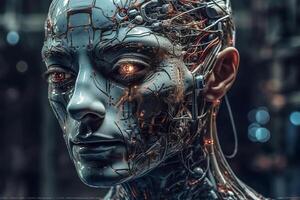 Artificial intelligence, a mechanical robot head. Digital concept. photo