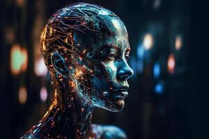 Artificial intelligence, a mechanical robot head. Digital concept. photo