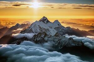 amanecer en el montañas encima el nubes, montar Everest. montaña paisaje. generativo ai foto