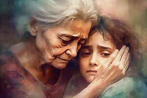 un afligido familia, un mayor mujer abrazando su hija, pintado en acuarela en texturizado papel. digital acuarela pintura foto