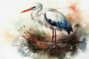 Stork in the Nest, watercolor painting on textured paper. Digital watercolor painting photo