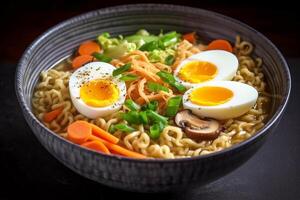 Asian ramen, a dish of boiled egg with noodles and mushrooms. photo