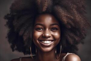 retrato de un africano sonriente mujer con Rizado cabello. generativo ai foto