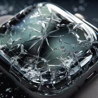 Broken electronic wristwatch, broken smart watch screen. Generative AI photo