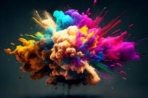 un explosión de multicolor pintar, un nube de polvo. negro antecedentes. generativo ai foto