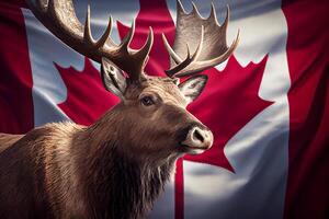 alce con grande cuernos en el antecedentes de el canadiense bandera. generativo ai foto