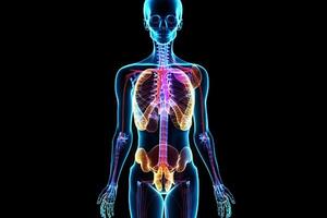Anatomical skeleton of the female body in neon glow. Black background. photo