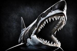 Shark with large jaws and teeth, dark background. photo