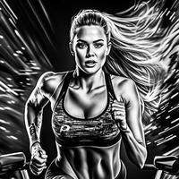 Running sports girl, fitness concept, black and white performance. photo