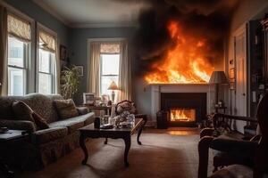 Fire, large flames in the living room with a fireplace. photo