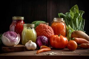 todavía vida, Fresco vegetales en un de madera mesa, estudio ligero. generativo ai foto