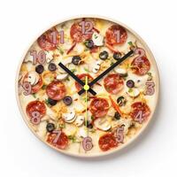 Pizza time, wall clock in the form of a round pizza. White background. photo
