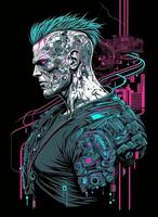 cyberpunk t camisa diseño. ilustración de un de colores falla. ai generado foto