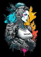 cyberpunk t camisa diseño. ilustración de un de colores falla. ai generado foto