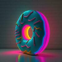 Neon donut on colorful background. Doughnut day concept. AI photo