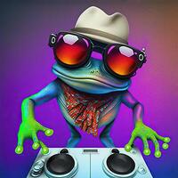 Frog dj in hat and sunglasses . Not based on any actual scene photo