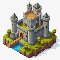 Cartoon isometric medieval castle with towers and gates, photo