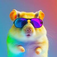 Neon hamster in sunglasses. Pop art style portrait photo