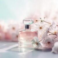 Perfume bottle with delicate cherry blossom. photo