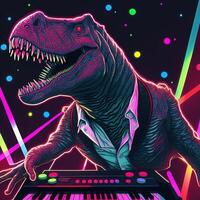 Neon party dj Tyrannosaurus rex with keyboard. . Not based on any actual scene photo