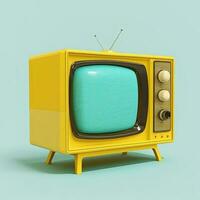 Mid century vintage yellow tv on green background. Retro television. AI photo