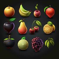 conjunto de Fruta icono para juego en negro antecedentes. ai foto